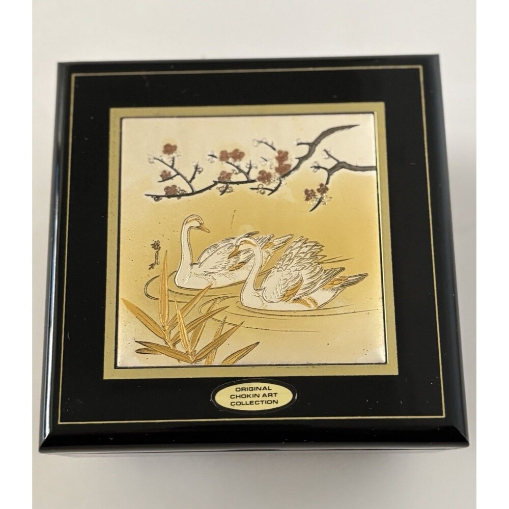 Chokin Asian Jewelry  Box Music Black Lacquer Finish w/ Swans Mirror Vintage
